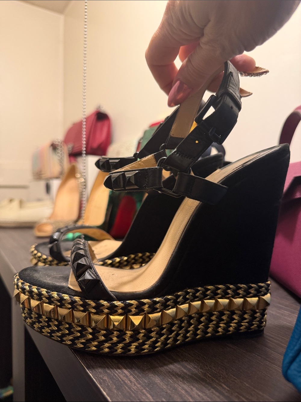 Christian Louboutin Black and Gold Suede Studded Cataclou Wedge Sandals
